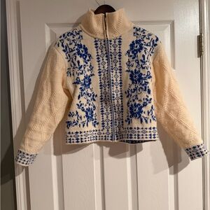 SHEIN Women’s Cream and Blue Patterned Zip-Up Sweater, Size Medium